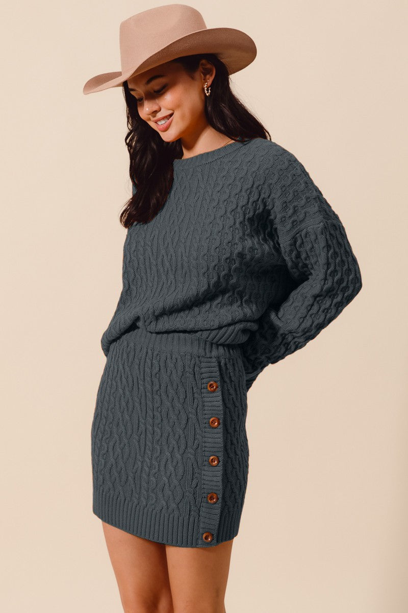 Cable Knit Sweater Top And Side Buttoned Skirt Set