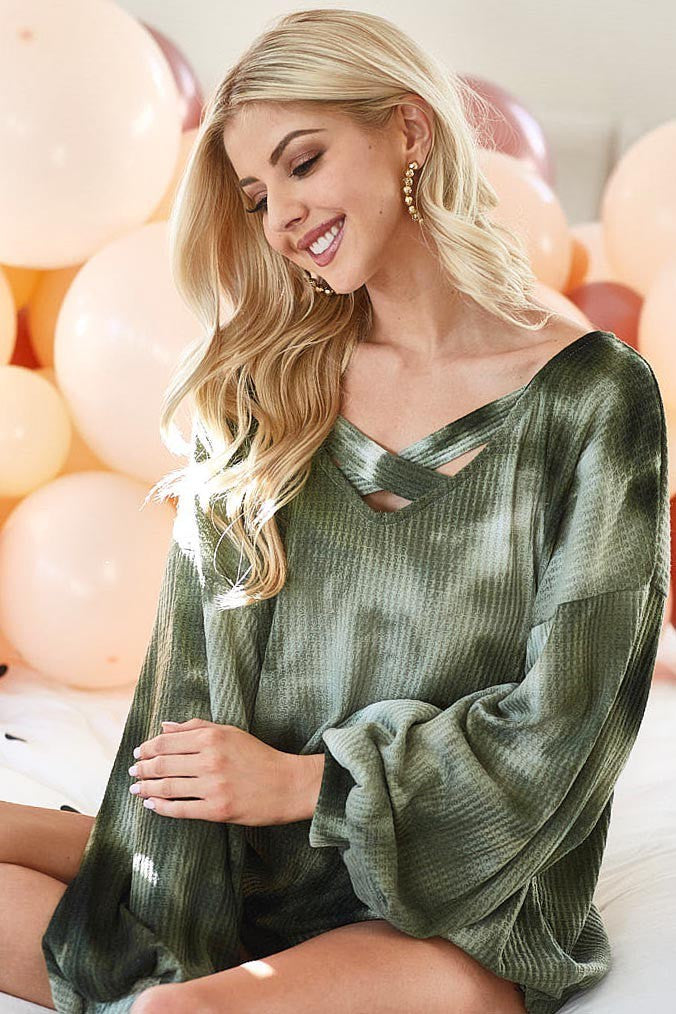 Tie Dye Thermal Waffle V Neck Top With Caged Neck