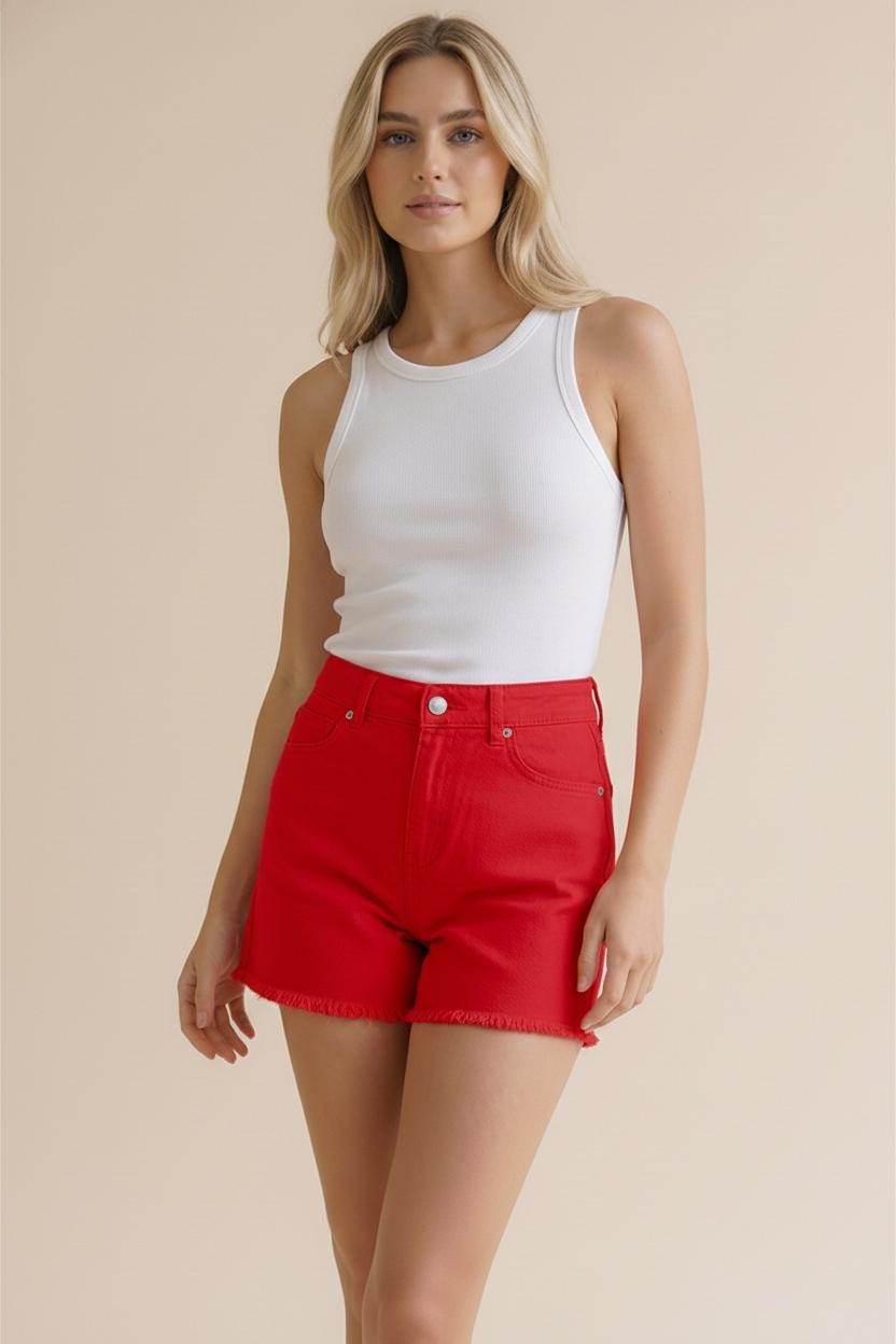 Stretchy Denim- High Rise Washed Shorts With Pockets