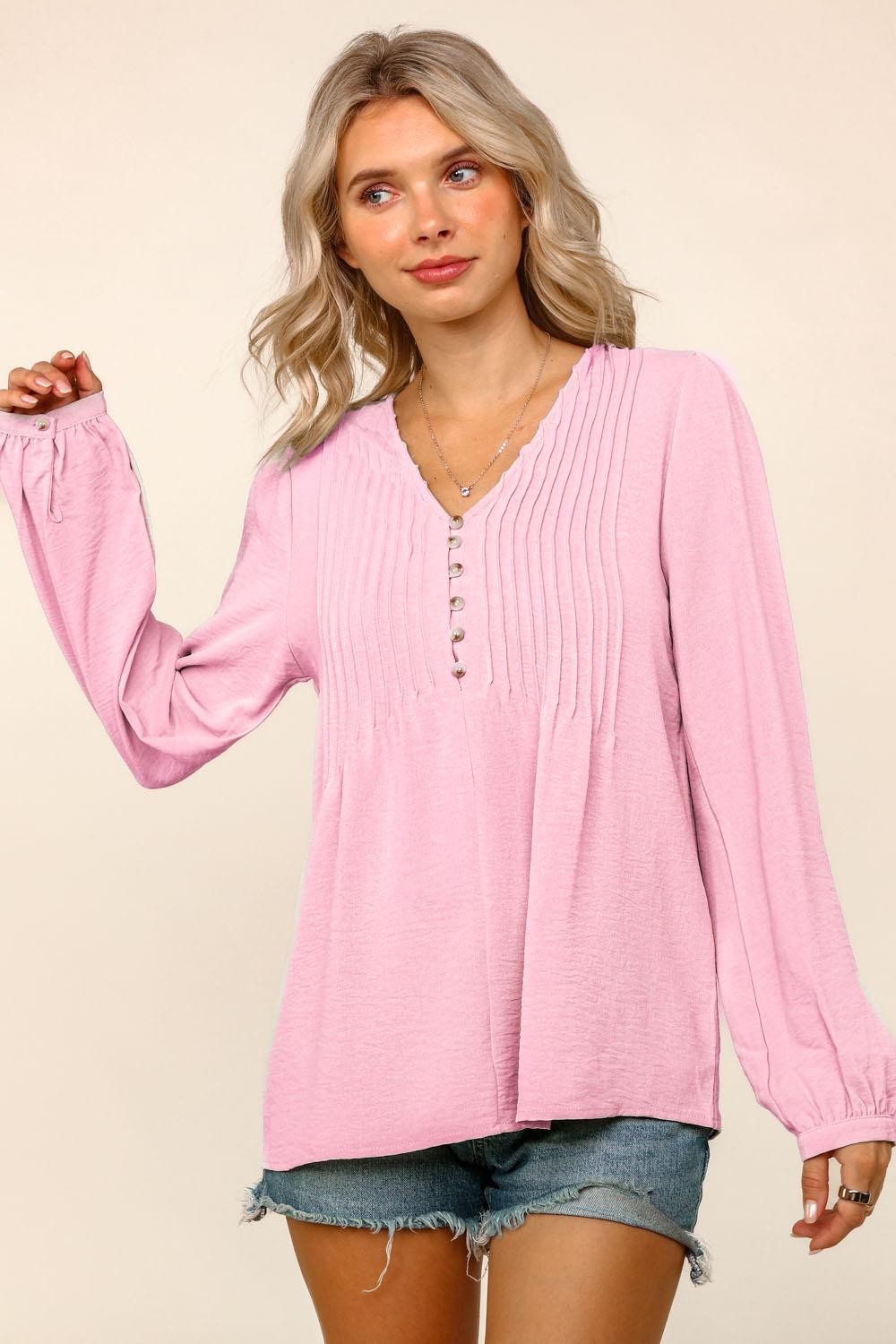Solid V Neck Pin Tuck Buttoned Woven Blouse