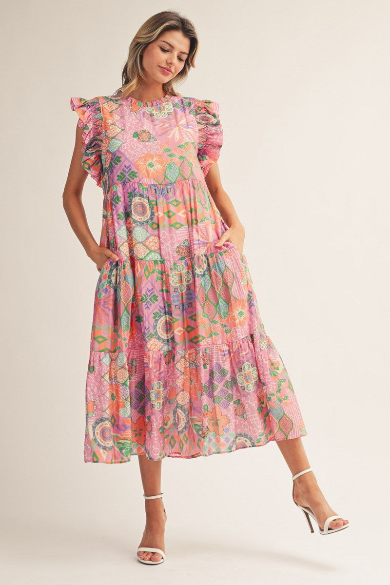 Smocked Shoulder Detail Boho Floral Midi Dress