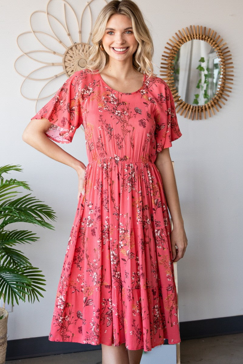 Floral Shirred Tiered Midi Dress