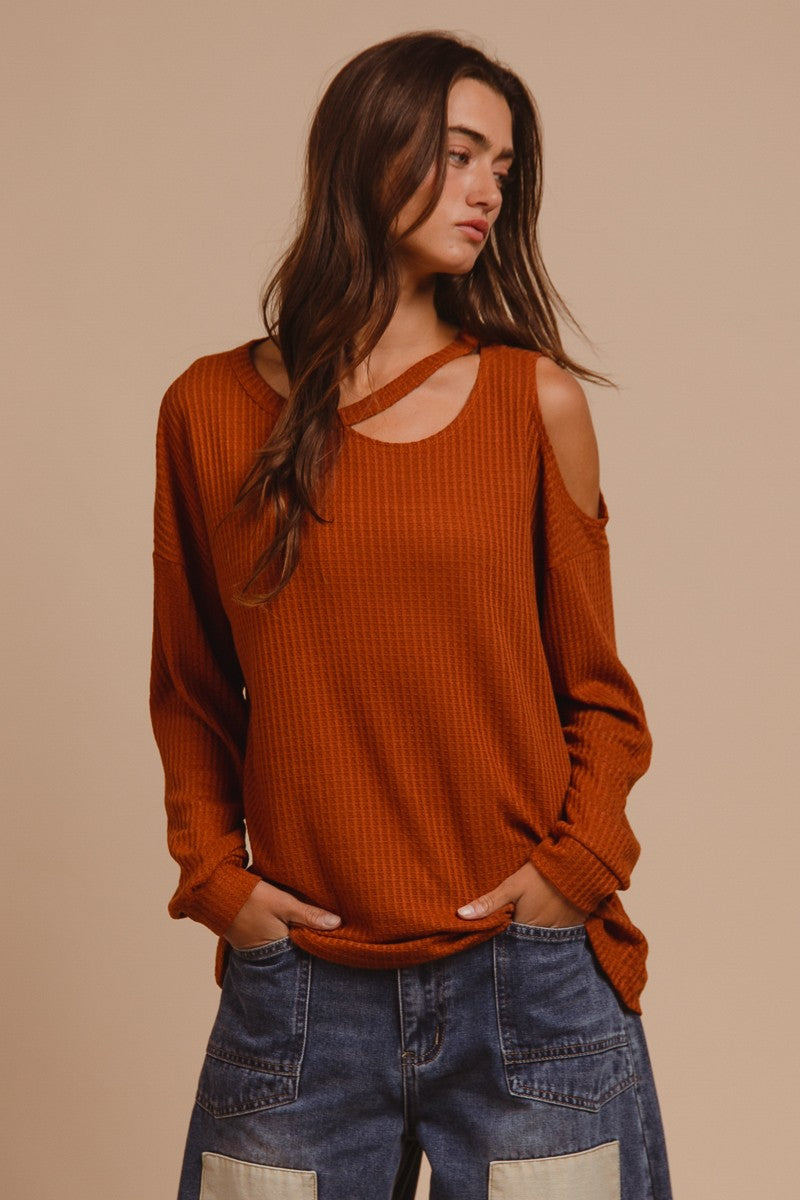 Thermal Waffle Knit Top With Cut Out Neck