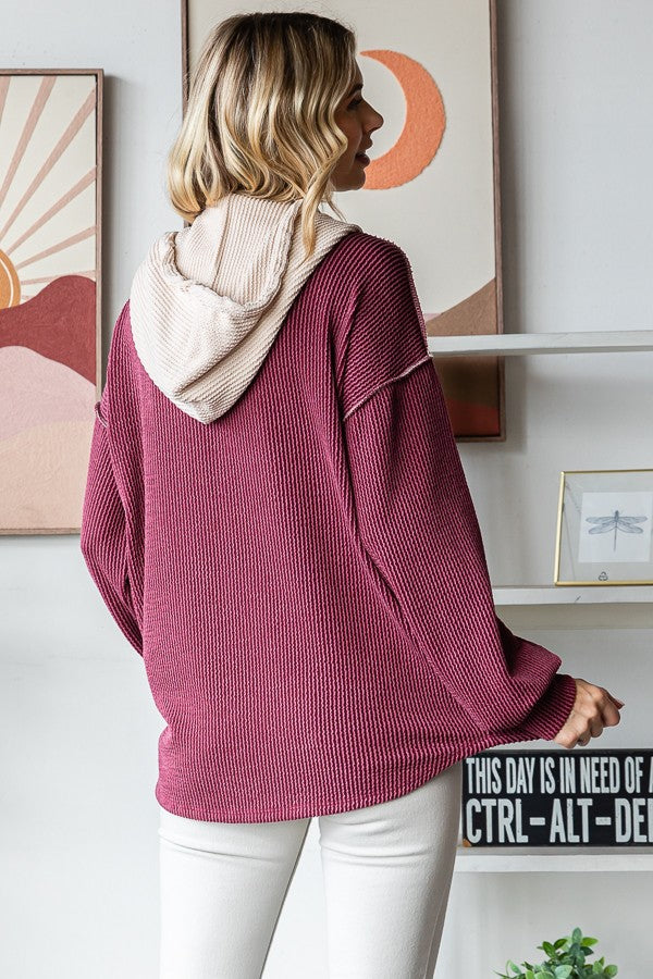 Ribbed Contrast Button Front Hoodie