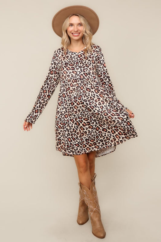 Leopard Babydoll Swing Knee Length Knit Dress