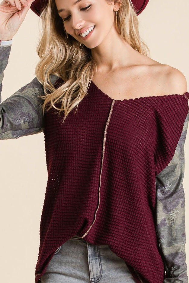 Popcorn Waffle Top With Contrast Stitching