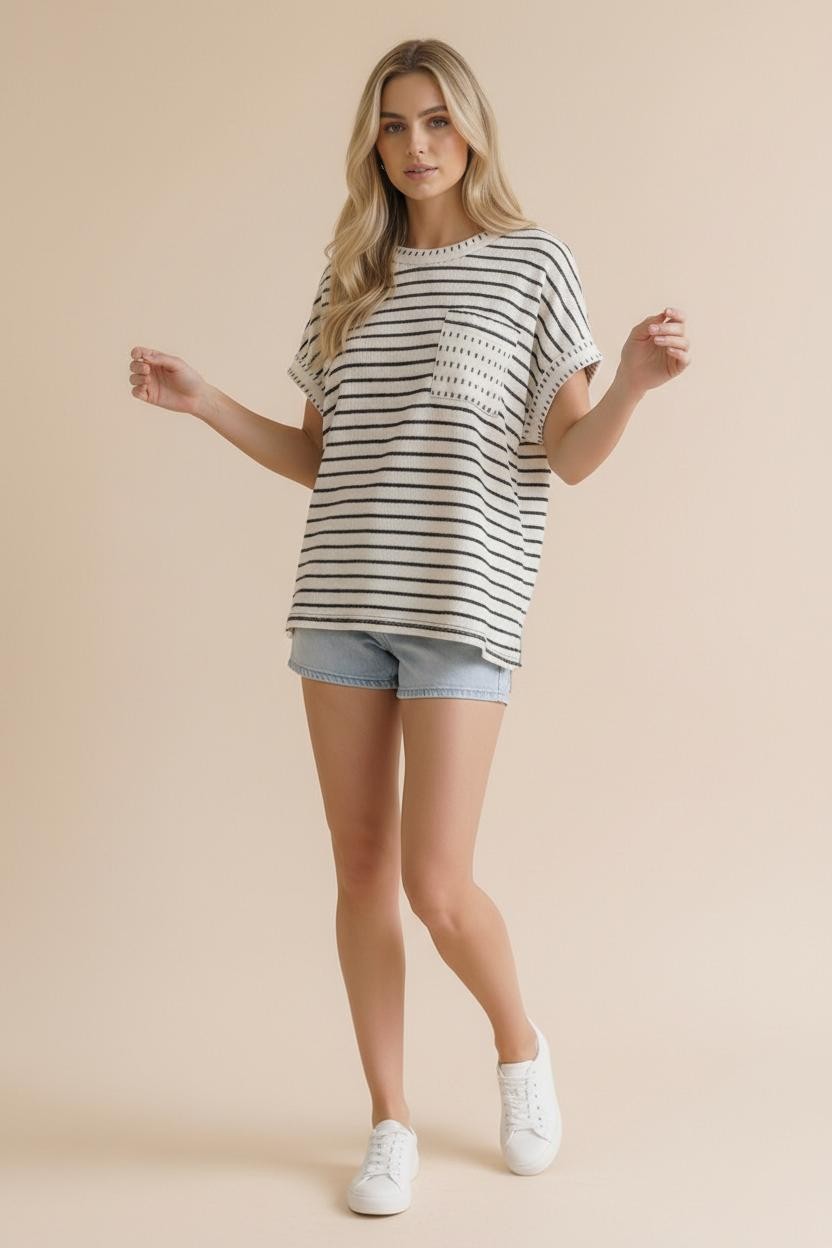 Round Neck Oversized Stripe Knit With Pocket
