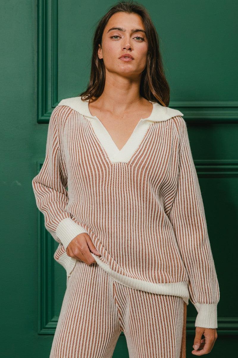 Two Tone Rib Texture Sweater And Pants Set
