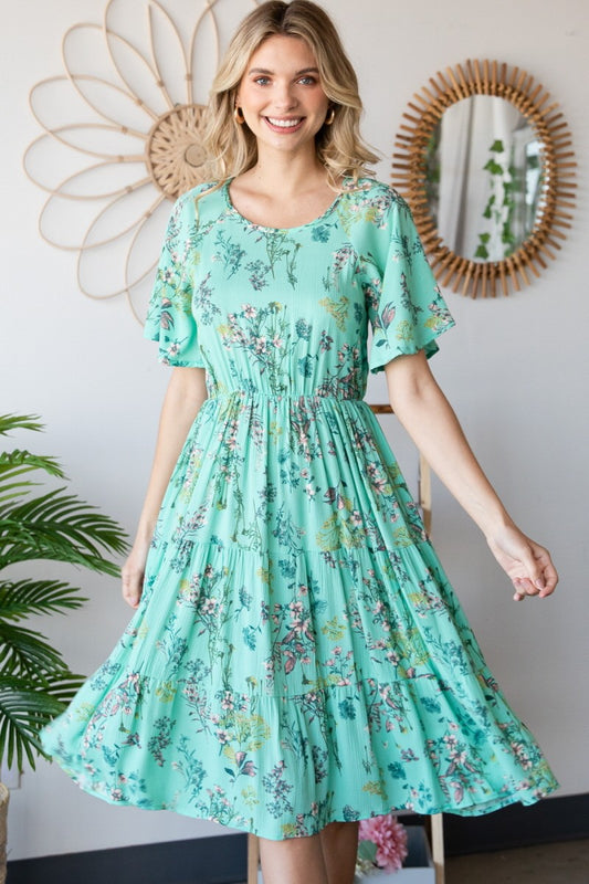 Floral Shirred Tiered Midi Dress