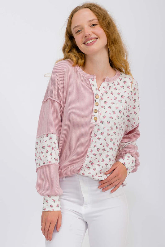 Floral Rib Patchwork Button Front Top