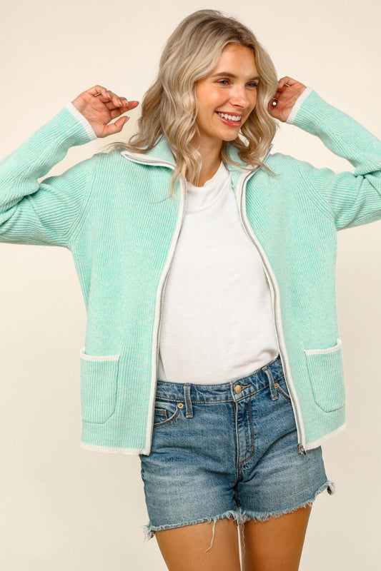 High Neck Zip Up Sweater Cardigan With Pocket