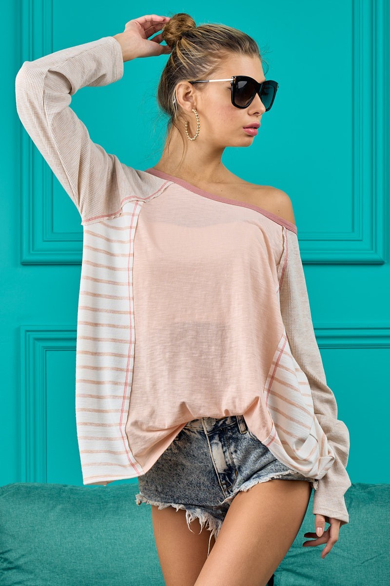 Cotton Slub Knit With Stripe Knit Block Top