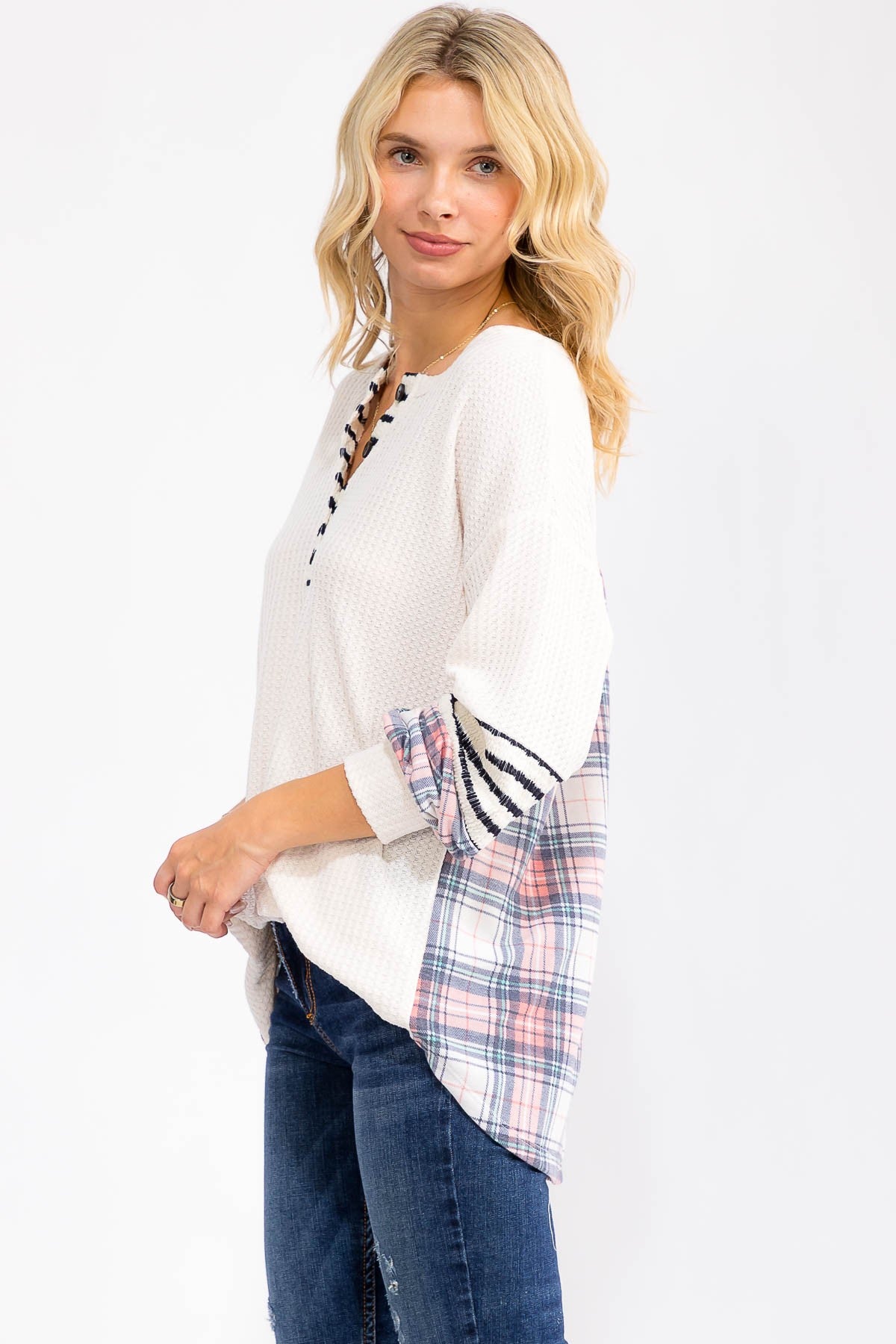 Waffle Knit Plaid And Stripe Accent Top