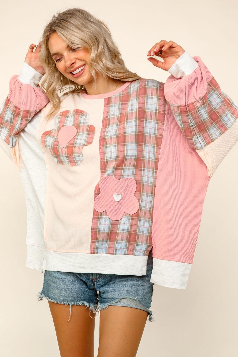 Plaid Woven Solid Textured Knit Pullover Top