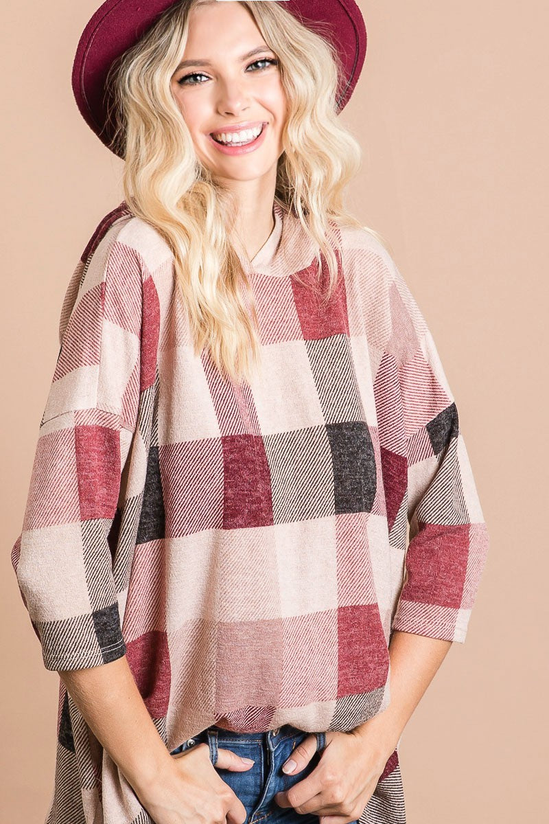 Plaid Check Print Sweater Knit Hoodie