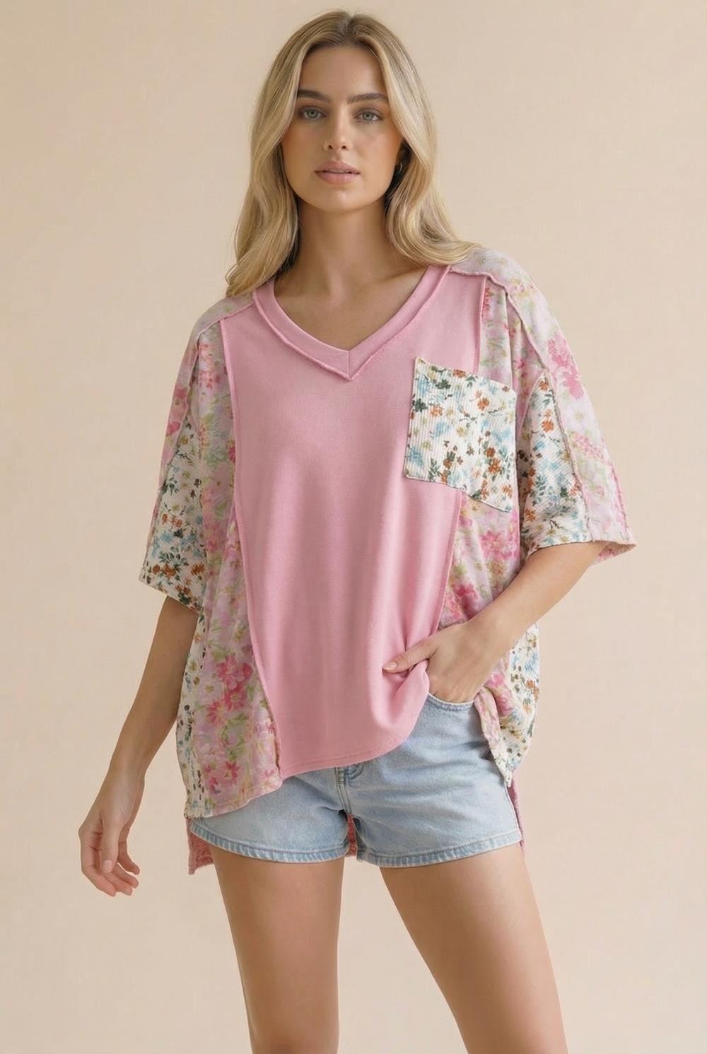 Short Sleeve Floral Print Knit Top W/ Pocket