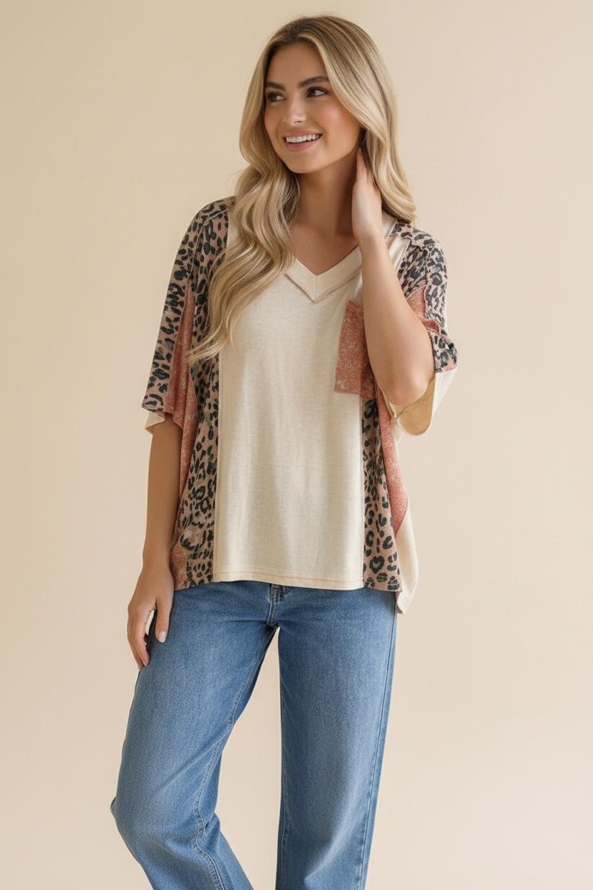 Floral Leopard Color Block Dolman Knit Top