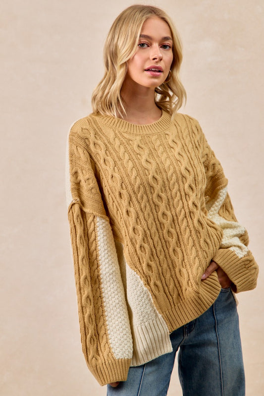 Cable Knit With Hacci Combo Top With Uneven Hem