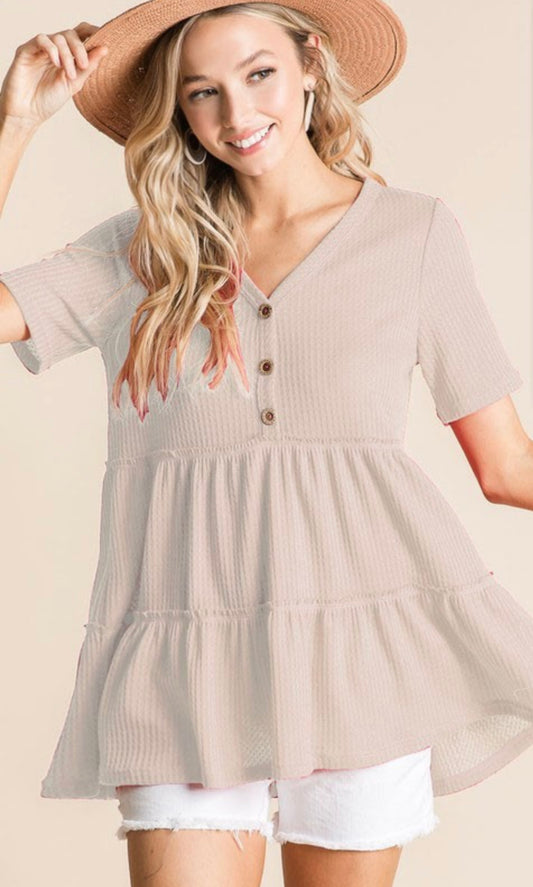 Baby doll waffle top with buttons