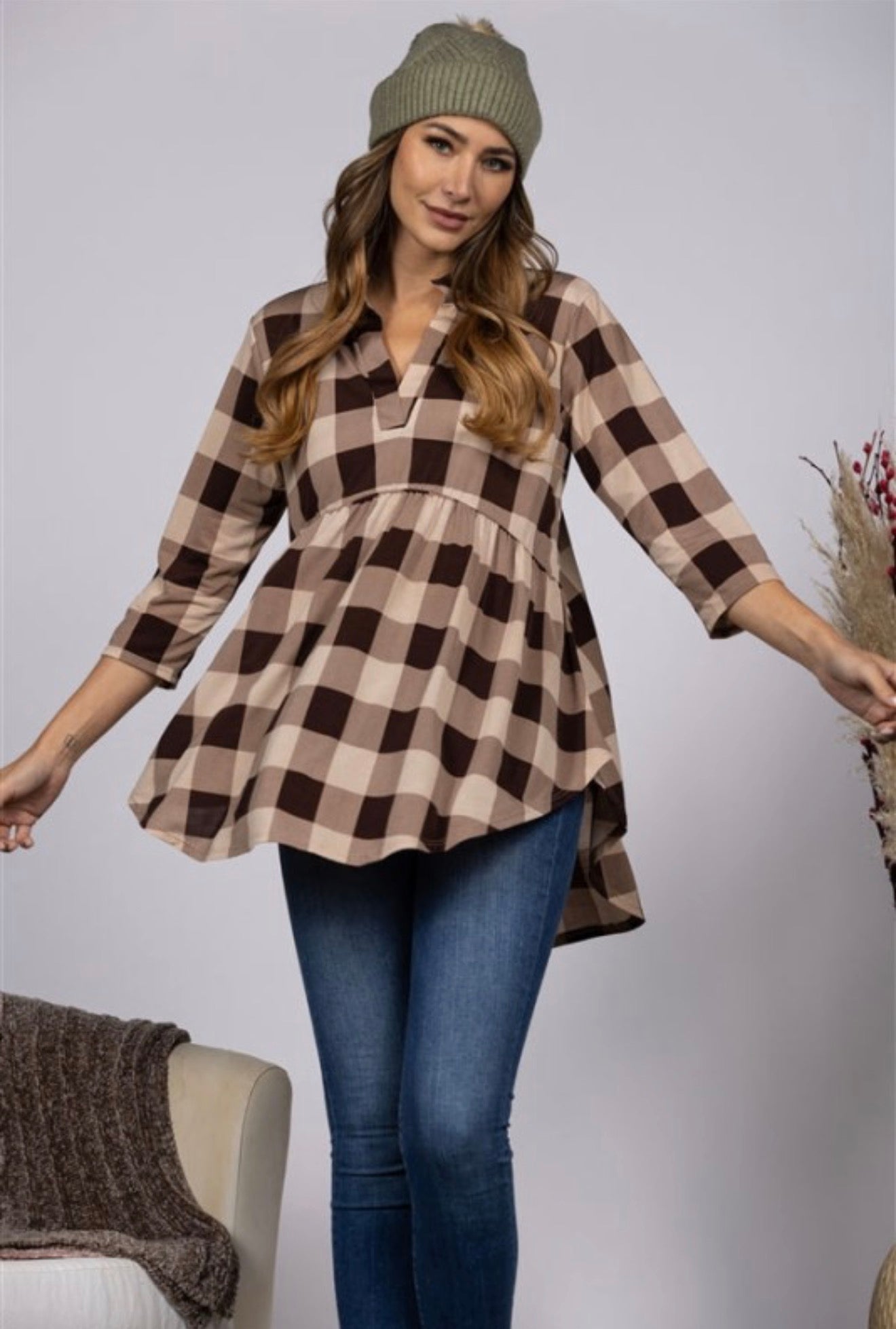 Plaid baby doll blouse