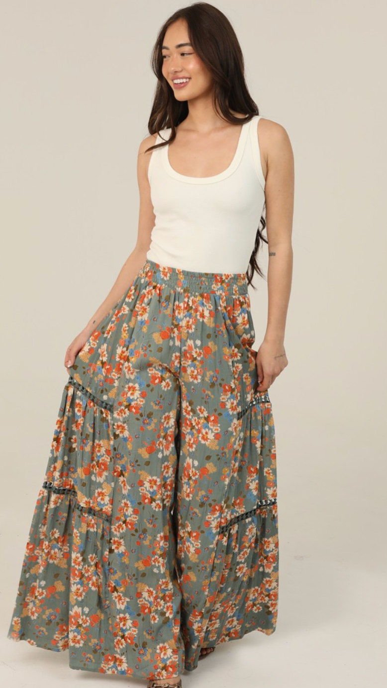 Floral Print Wide Leg Pants