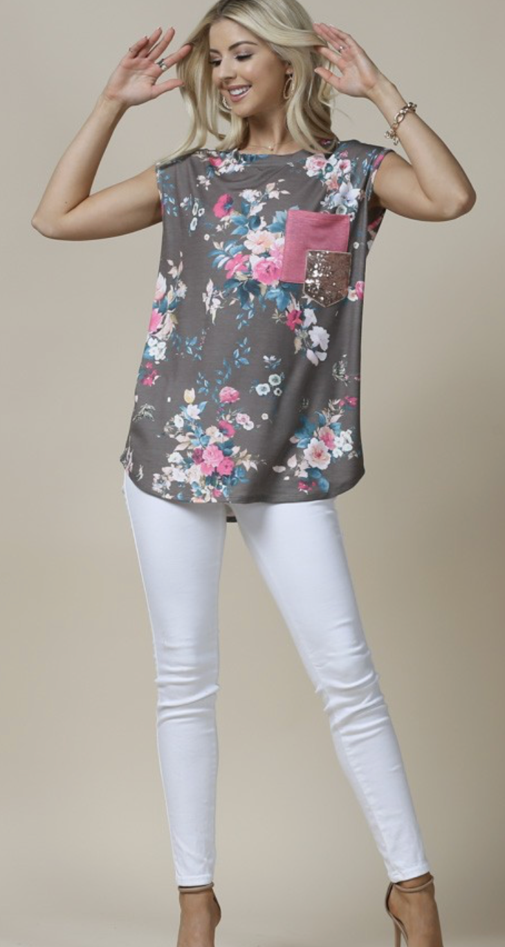 Floral Print Sequin Pocket Sleeveless Top