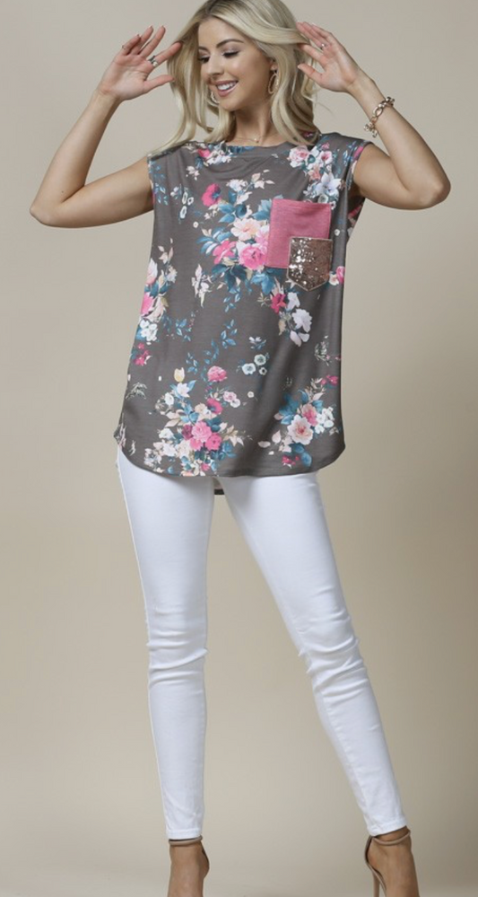 Floral Print Sequin Pocket Sleeveless Top