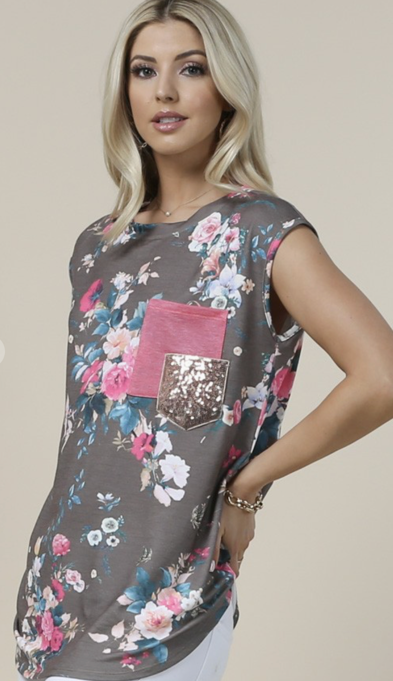 Floral Print Sequin Pocket Sleeveless Top