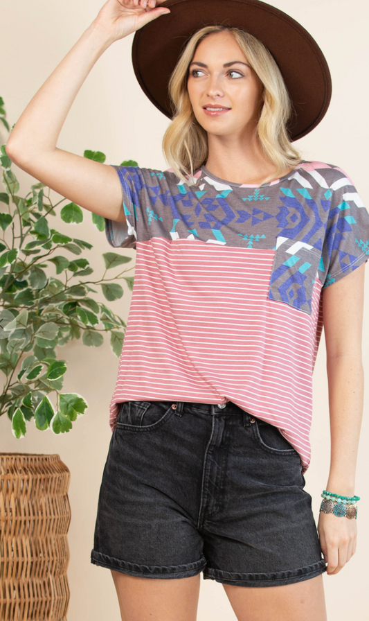 Geo Print Relaxed Fit Striped Pocket Top