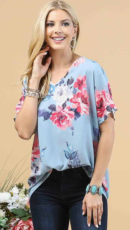 Floral Print Relaxed Woven V Neck Top