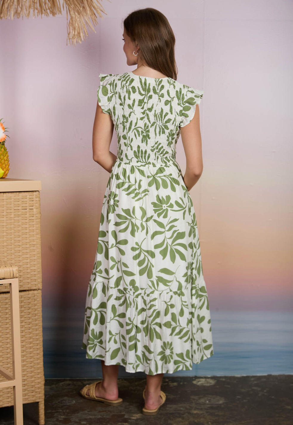 Floral Leaf Print Smocked Mock Button Midi Dress