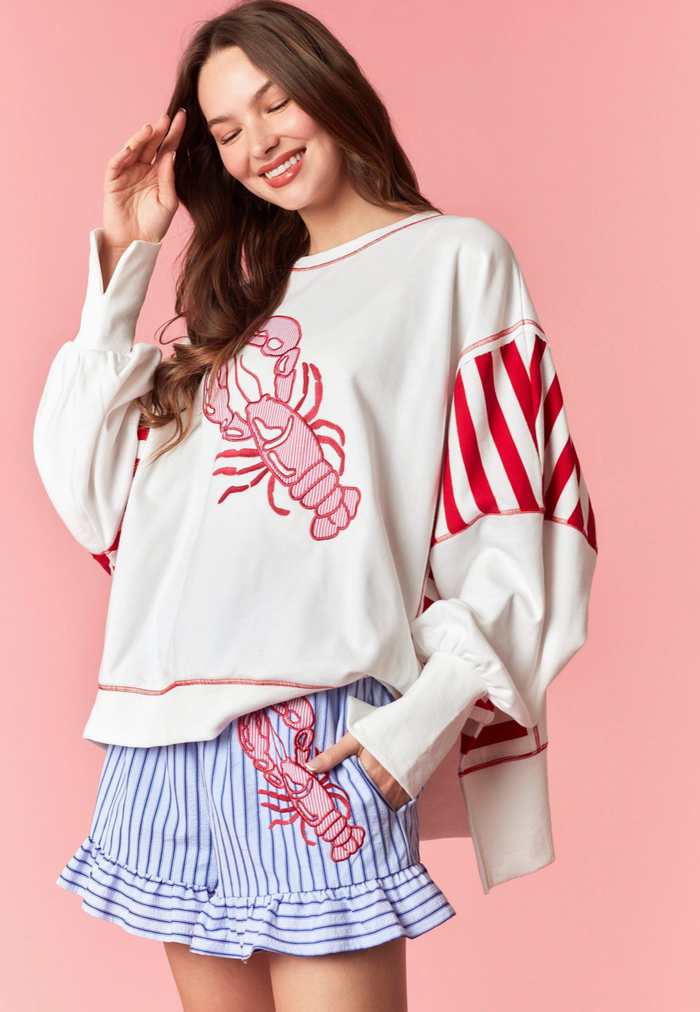 Lobster Patch Embroidery Hi-lo Dolman Top