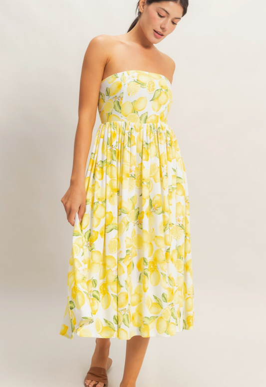 Strapless Lemon-print Midi Dress
