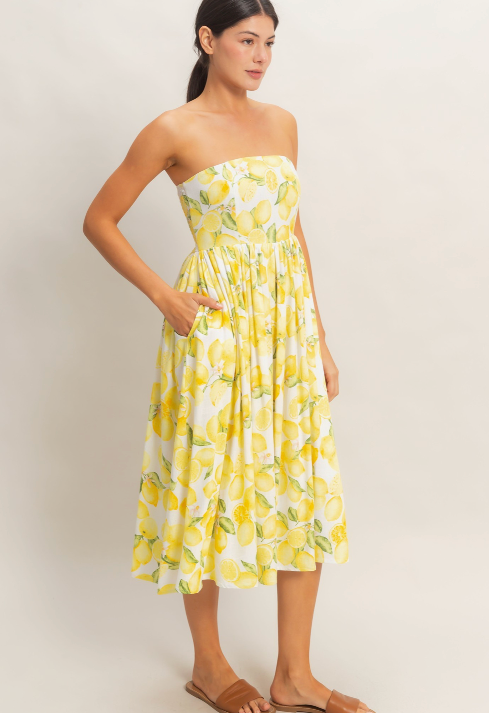 Strapless Lemon-print Midi Dress