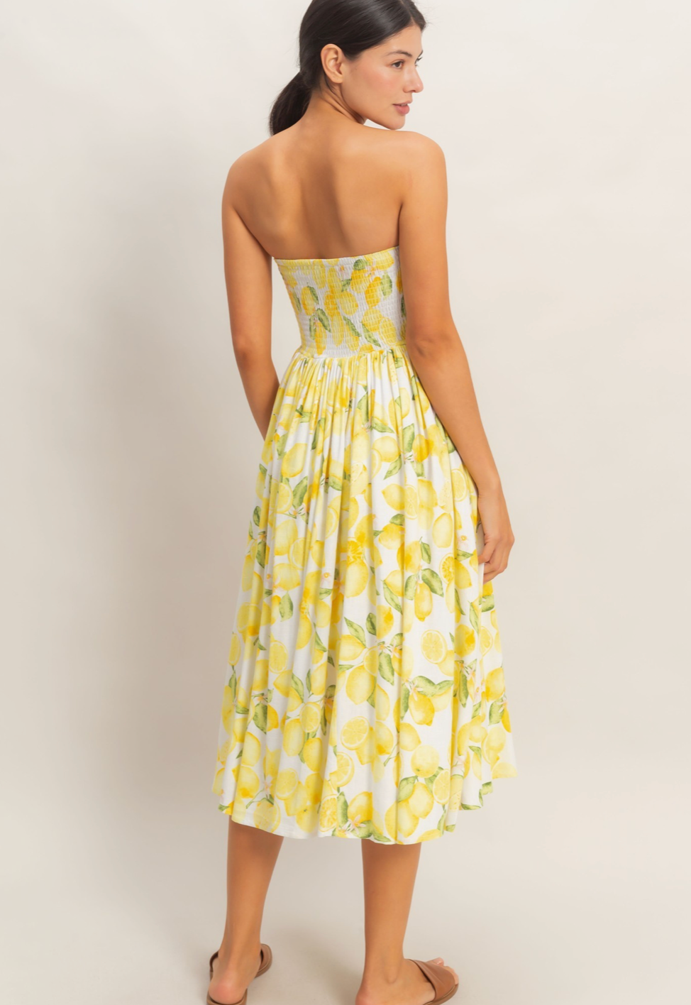 Strapless Lemon-print Midi Dress