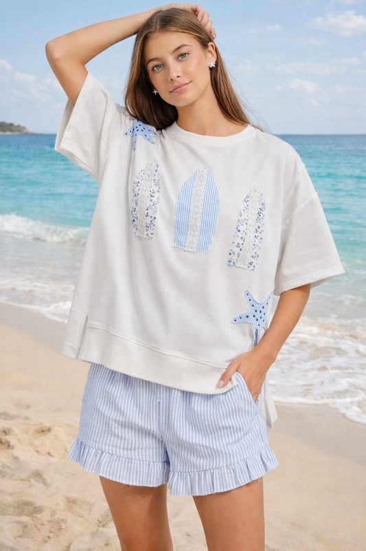 Surfboard Patchwork Tee Coastal Summer Top