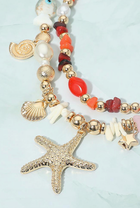 Coastal Charm Pearl Pebble Beaded Layered Strand Necklace