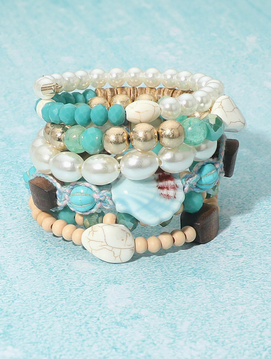 Pearl Wooden Coastal Charm Beaded Adjustable Coil Bracelet