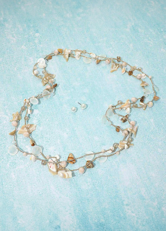 Coastal Shell Natural Stone Pearl Station Layered Necklace