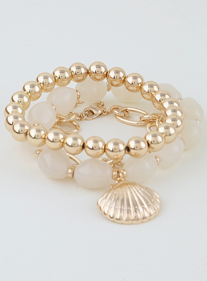Double Sea Shell Charm Beaded Bracelet