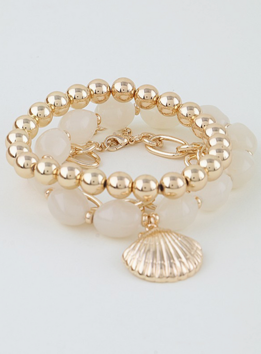 Double Sea Shell Charm Beaded Bracelet