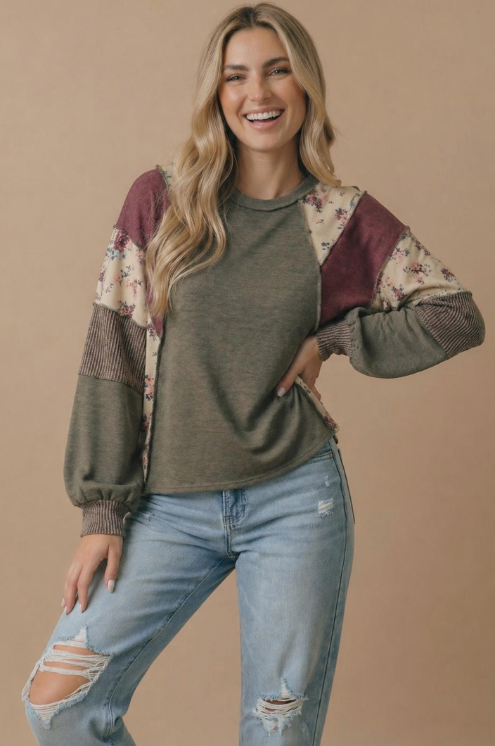 Mixed Media Patchwork Pullover Knit Top