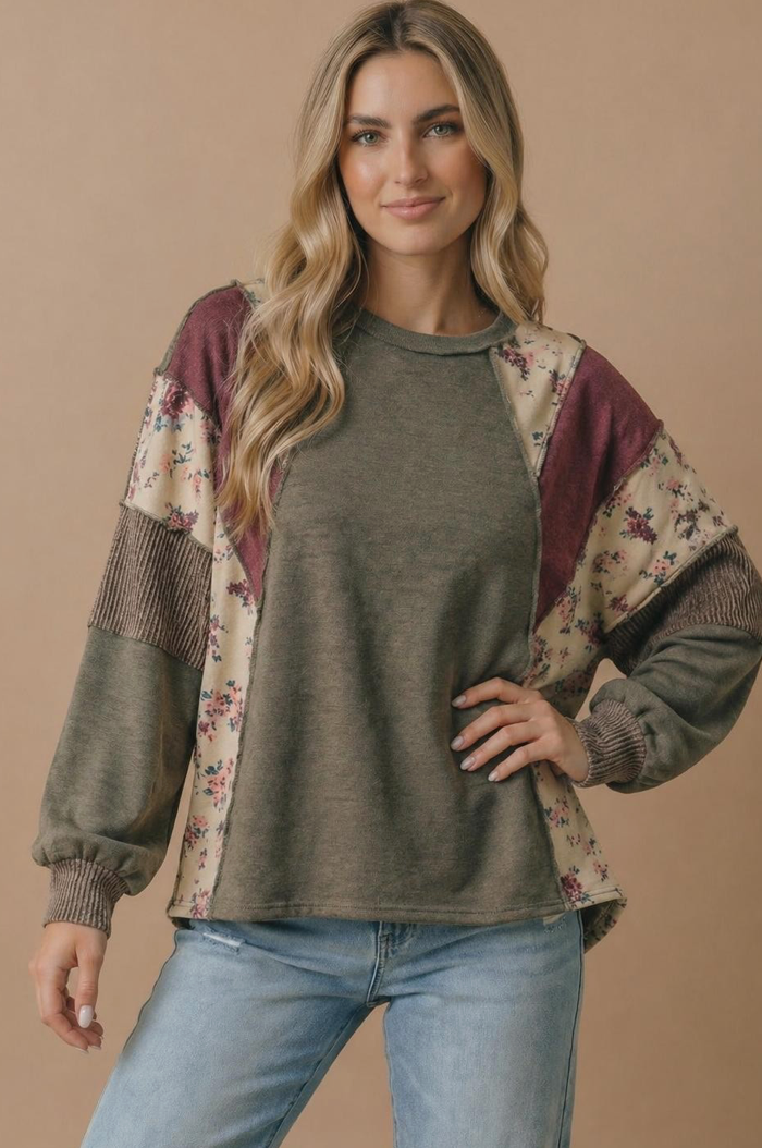 Mixed Media Patchwork Pullover Knit Top