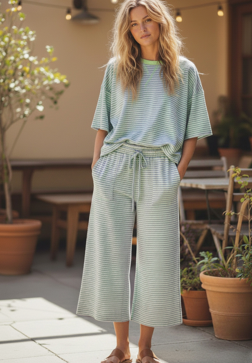 Striped Knit Top And Pants Set