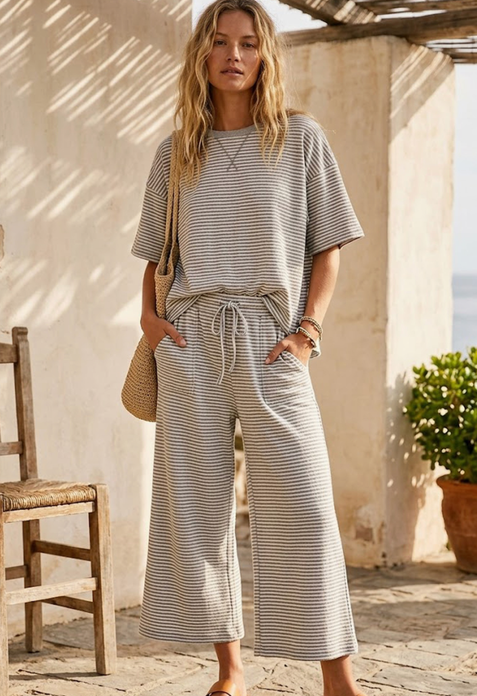 Striped Knit Top And Pants Set