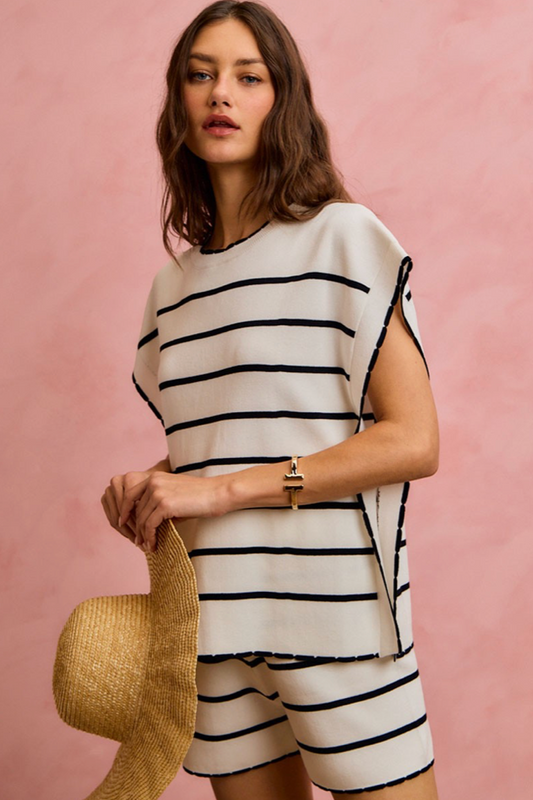 Stripe Knitted Sweater Dolman Top And Shorts Set