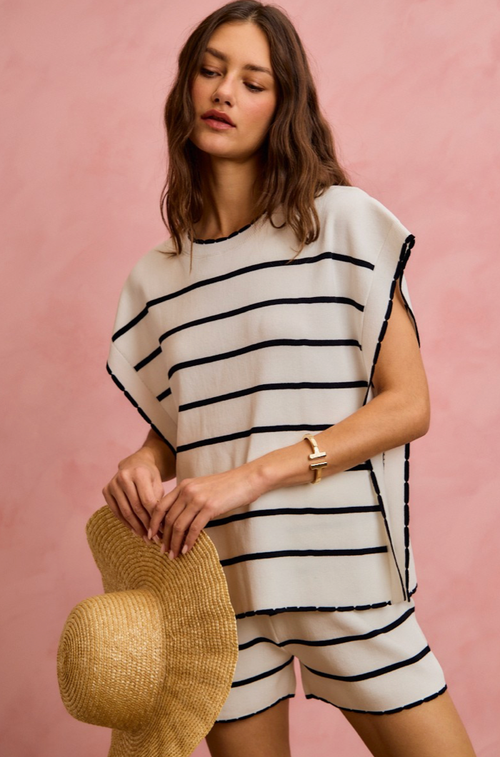 Stripe Knitted Sweater Dolman Top And Shorts Set