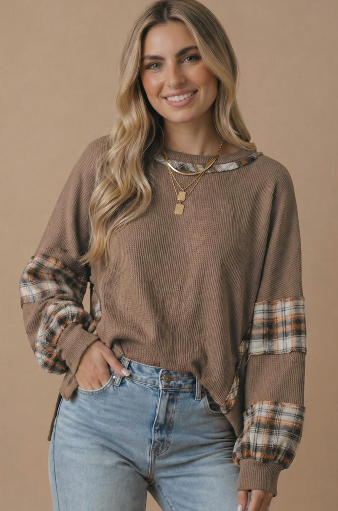 Oversized Plaid Contrast Thermal Knit Top