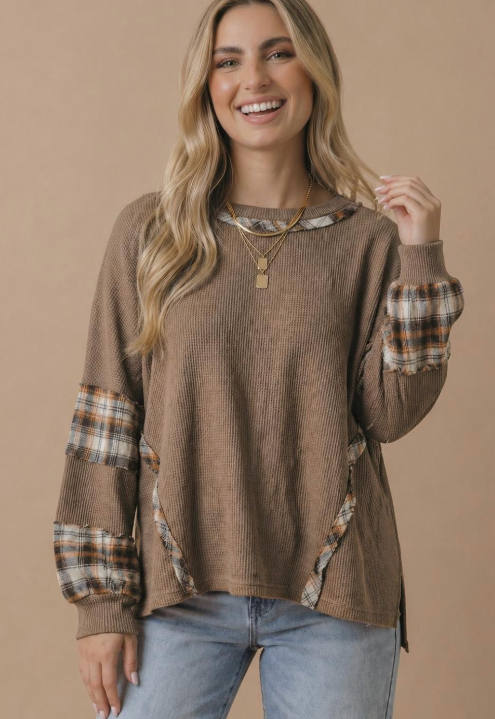 Oversized Plaid Contrast Thermal Knit Top