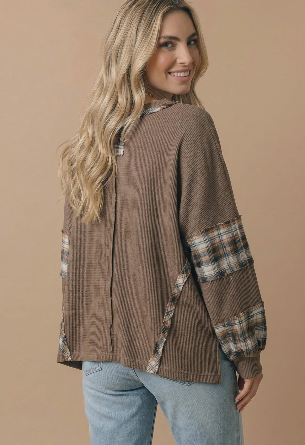 Oversized Plaid Contrast Thermal Knit Top